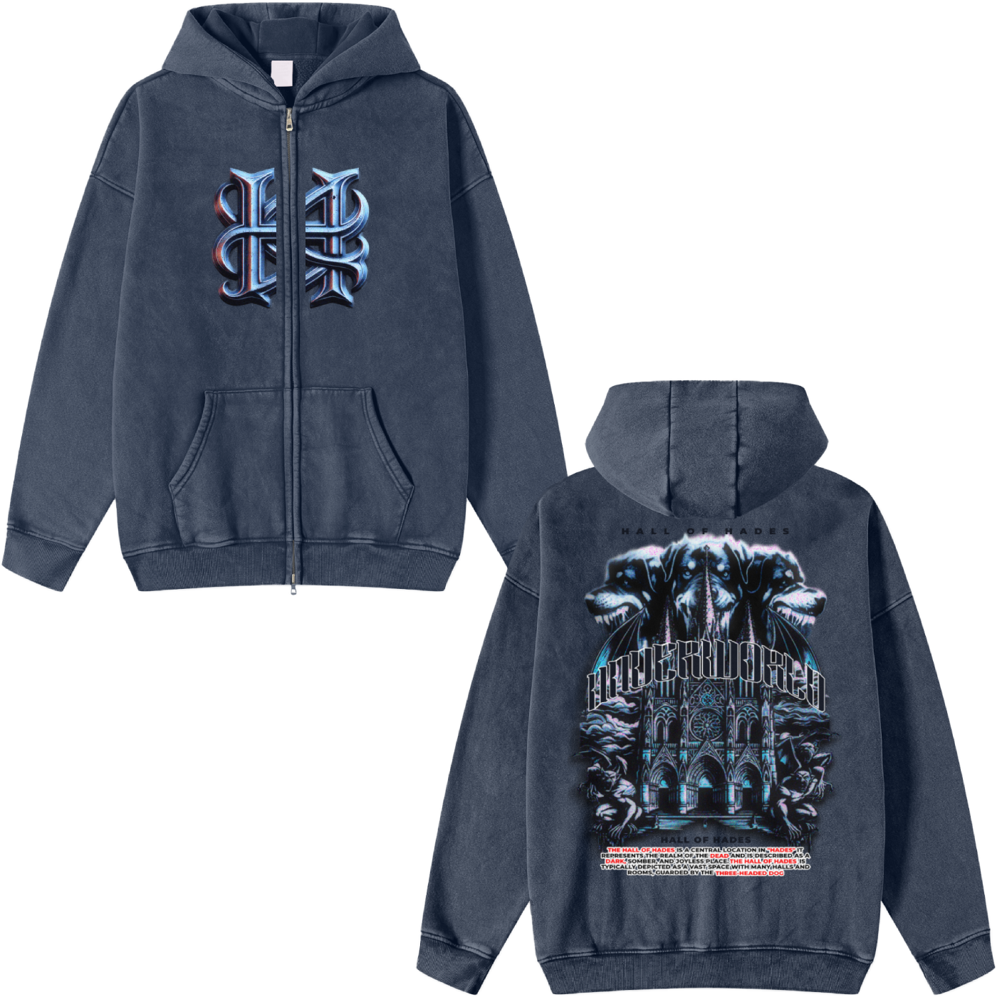 Hades Apparel Snow Washed Zip-Through Fleece Hoodie