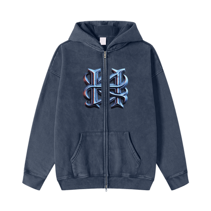 Hades Apparel Snow Washed Zip-Through Fleece Hoodie