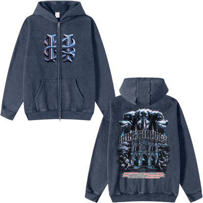 Hades Apparel Snow Washed Zip-Through Fleece Hoodie